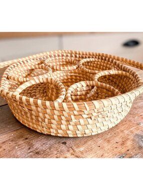 Handwoven Sweetgrass Guliah Divided Drink Basket Tray With Sections Coastal Sout